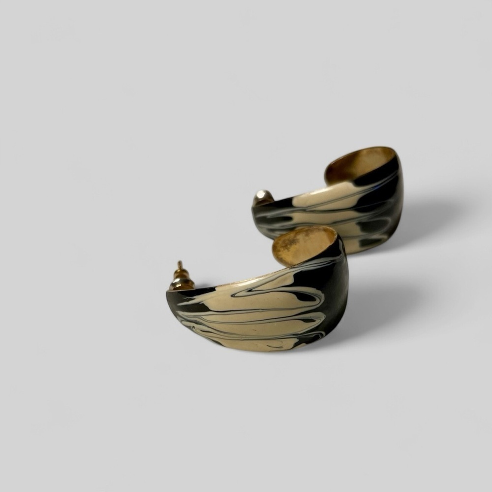 Earrings, Enameled Feathers, Black and White in a Curved Design, Post Ba…